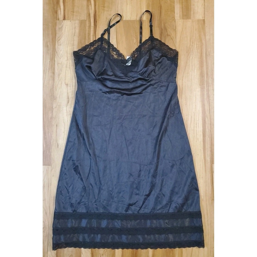 VTG Sliperfection Size 38 Full Slip Dress Black Satin Lace Lingerie Nightgown‎